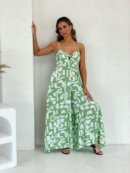 Green and White Printed Jumpsuit